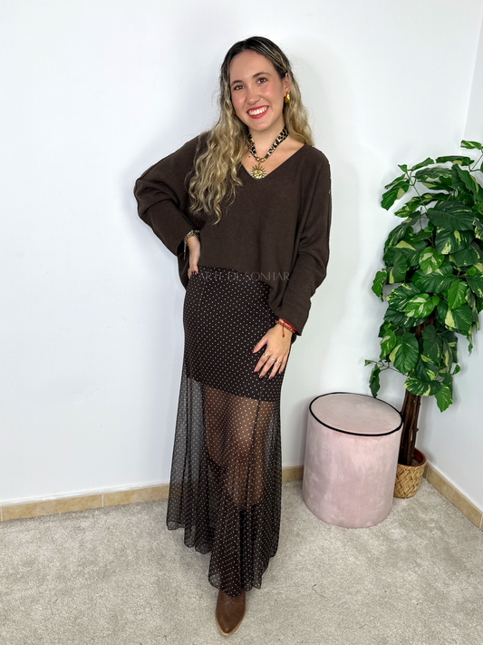 Saia de tule castanha com bolinhas
