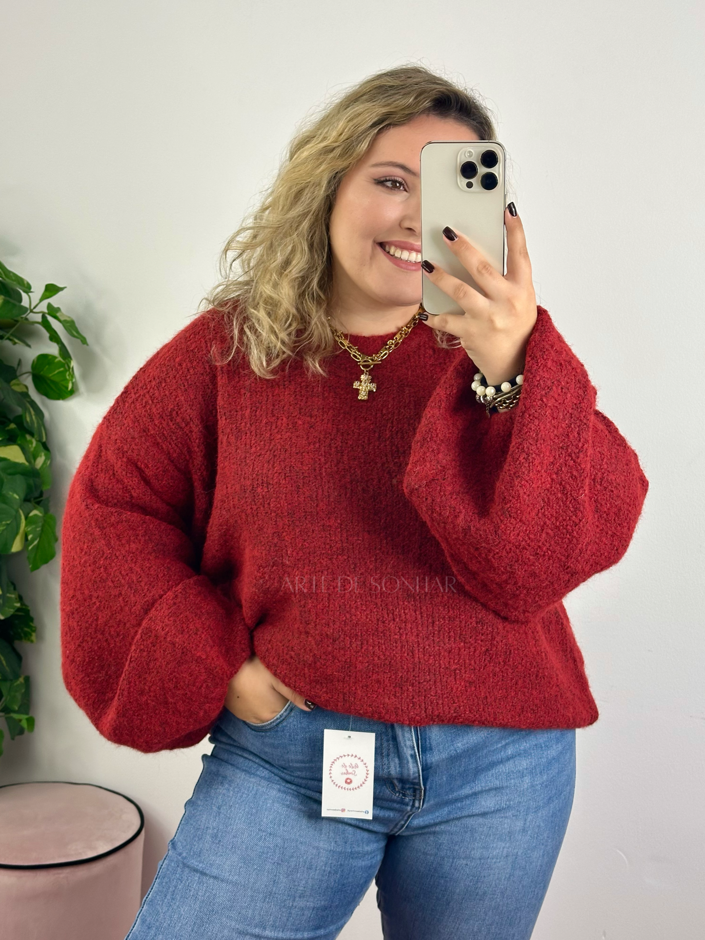 Camisola de malha vermelha oversize