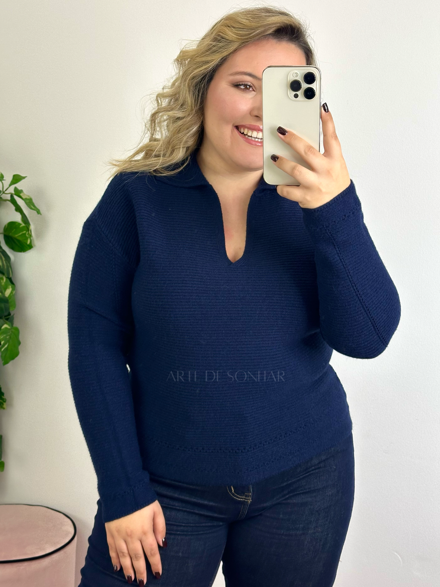 Camisola polo com malha riscada
