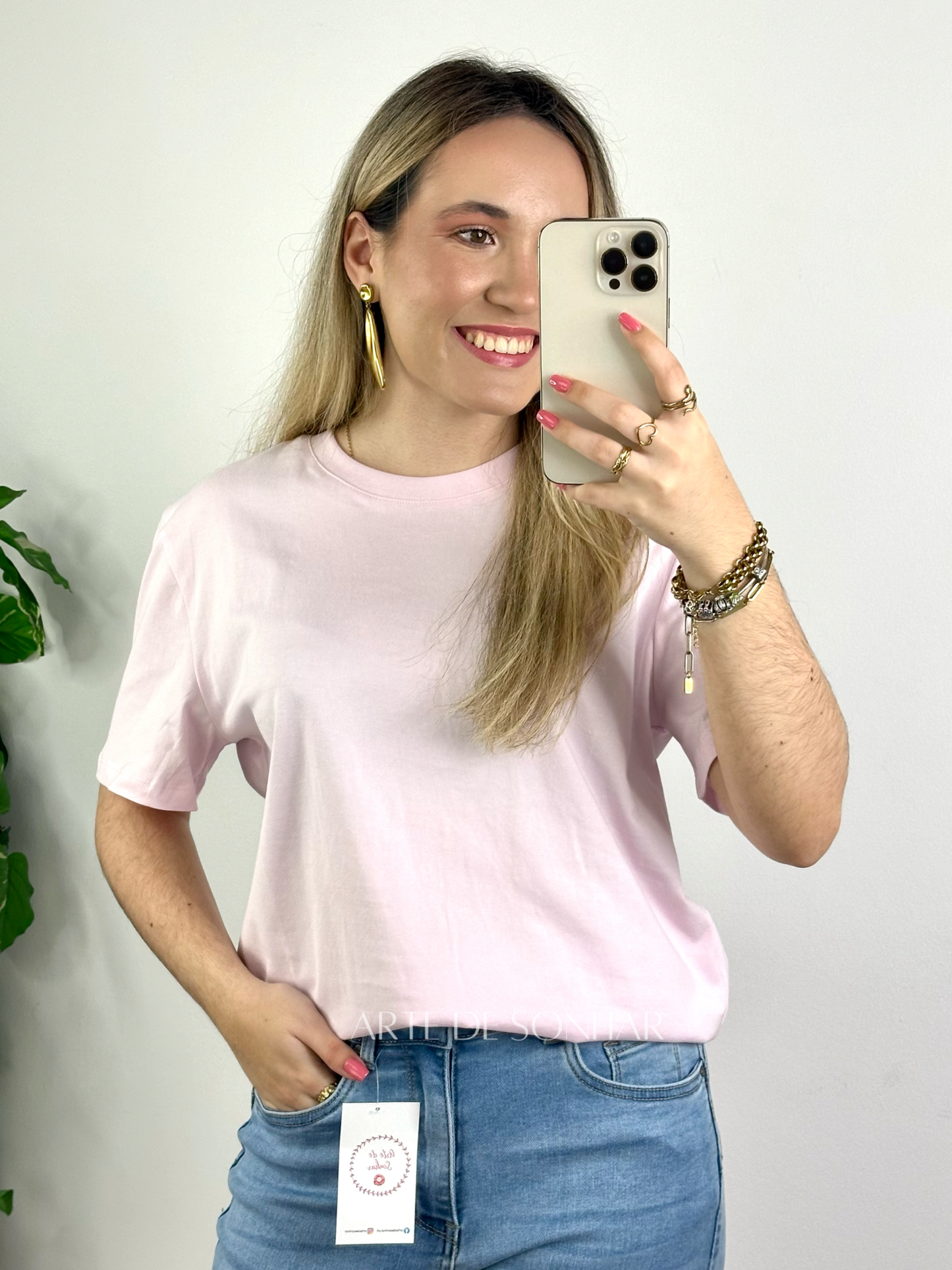 T-shirt de gola redonda rosa