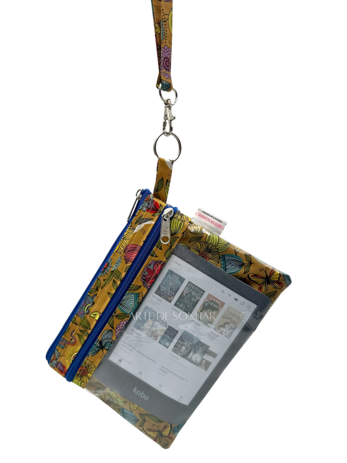 Bolsa de telemóvel/kobo de mão dupla amarela com borboletas e flores com fechos azuis tamanho L