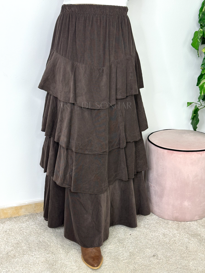 Saia de bombazine castanha com folhos