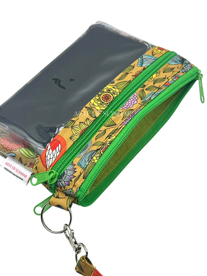 Bolsa de telemóvel de mão dupla amarela com borboletas e flores com fechos verdes tamanho M