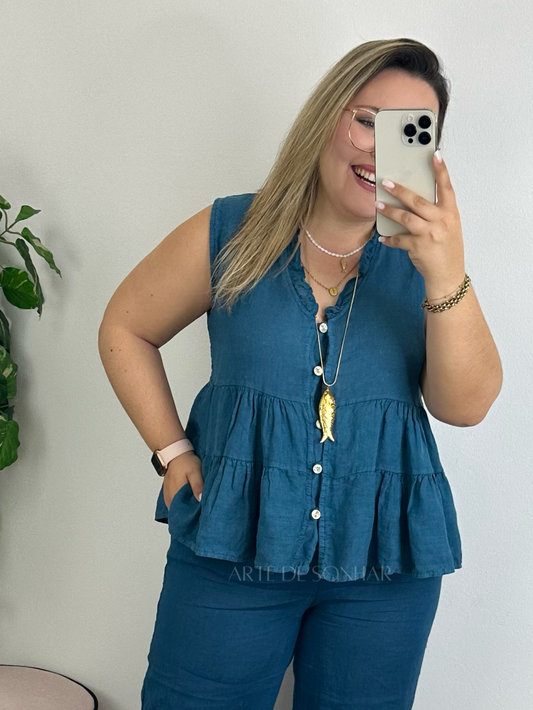 Blusa de linho petróleo com folhinhos