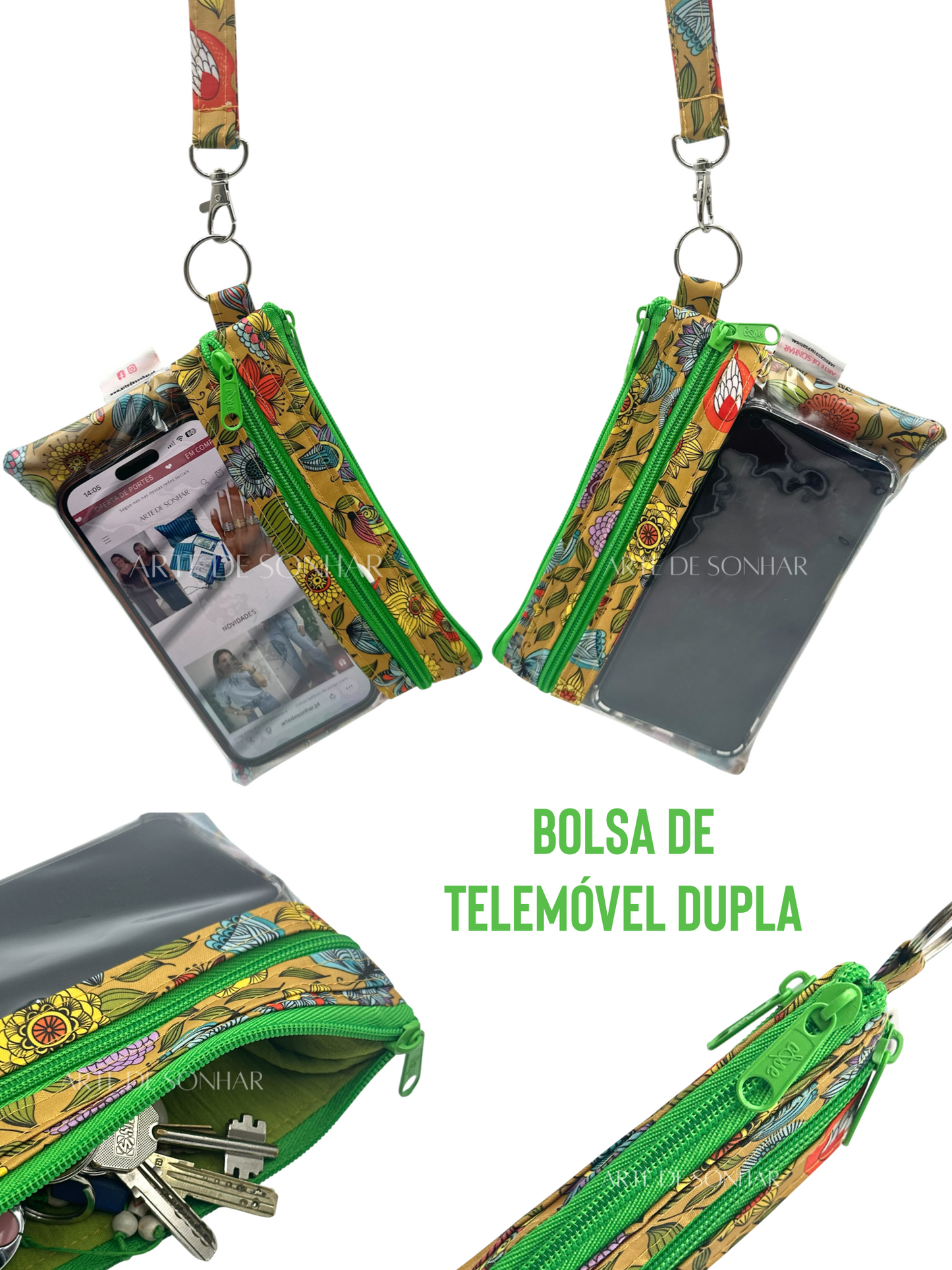 Bolsa de telemóvel de mão dupla amarela com borboletas e flores com fechos verdes tamanho M