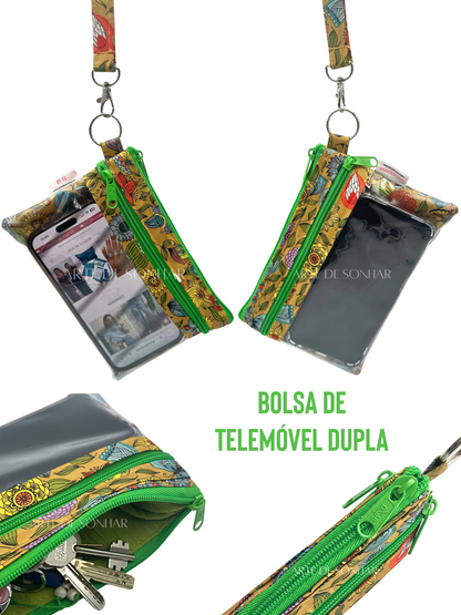 Bolsa de telemóvel de mão dupla amarela com borboletas e flores com fechos verdes tamanho M