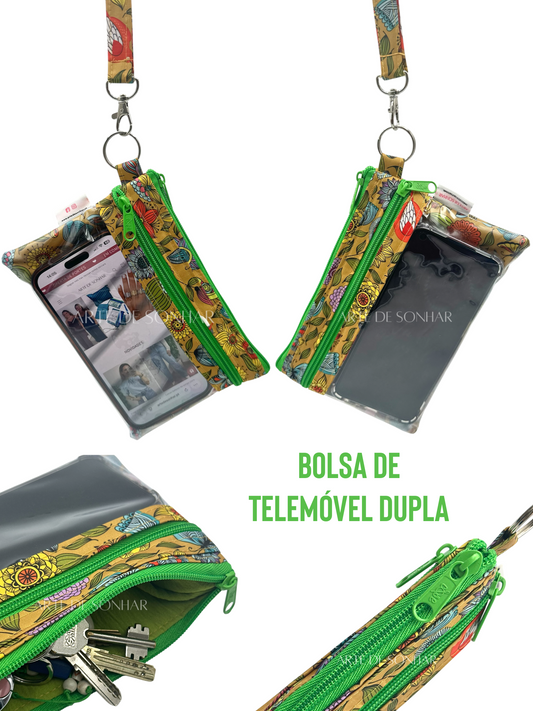 Bolsa de telemóvel de mão dupla amarela com borboletas e flores com fechos verdes tamanho M