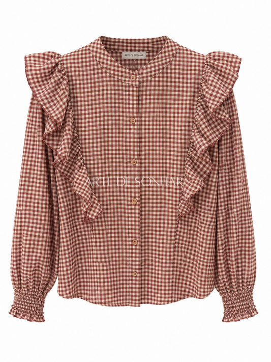 Camisa com folhos e quadradinhos bordeaux e castanho