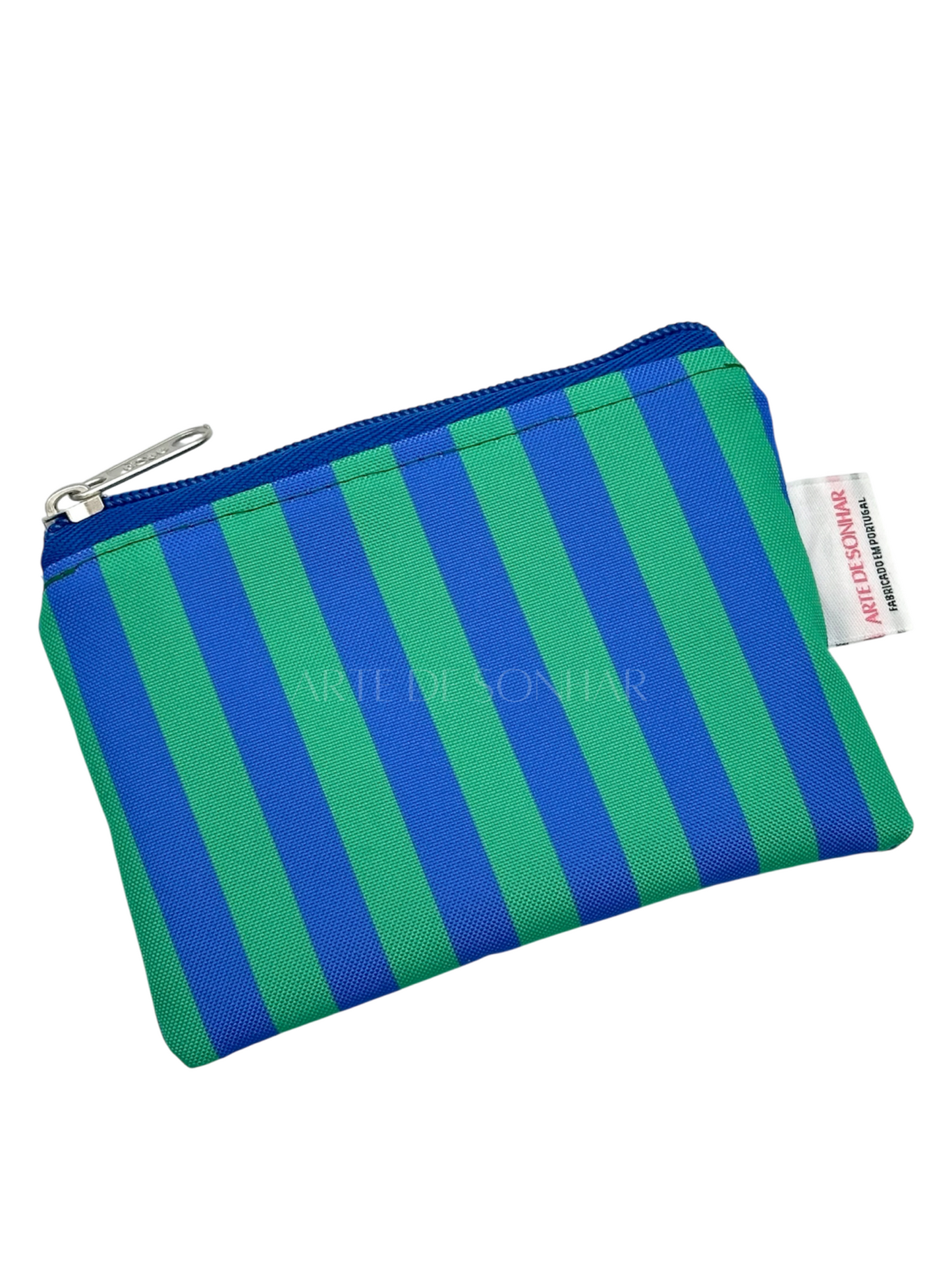 Bolsa espalmada com riscas azul e verde