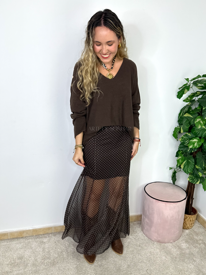 Saia de tule castanha com bolinhas