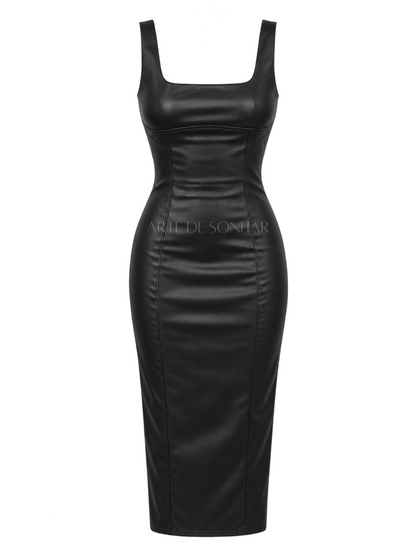 Vestido napa justo comprido com alça