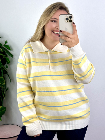 Polo de riscas bege, amarelo e azul