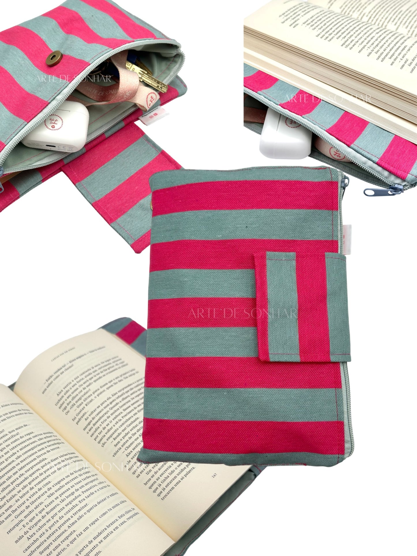 Capa de livro com bolso e riscas rosa e cinza
