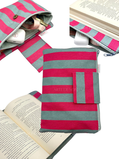 Capa de livro com bolso e riscas rosa e cinza