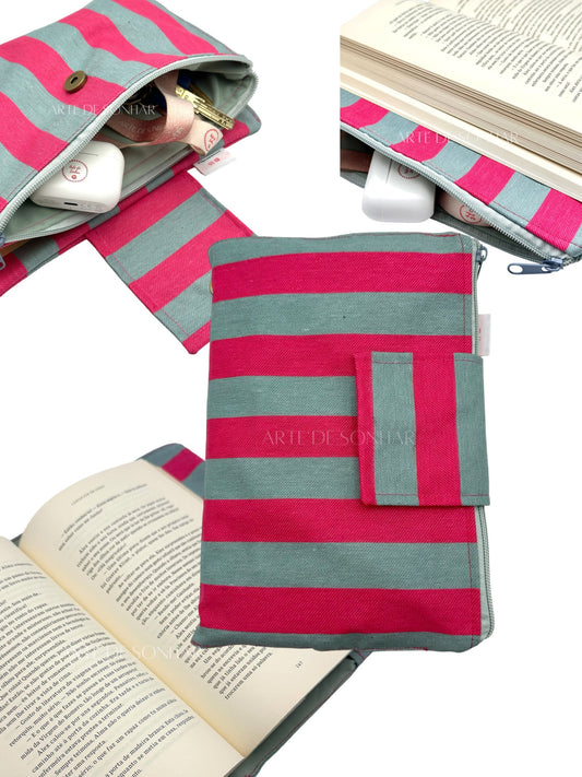 Capa de livro com bolso e riscas rosa e cinza