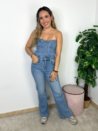 Macacão de ganga efeito cai cai e calça regular fit