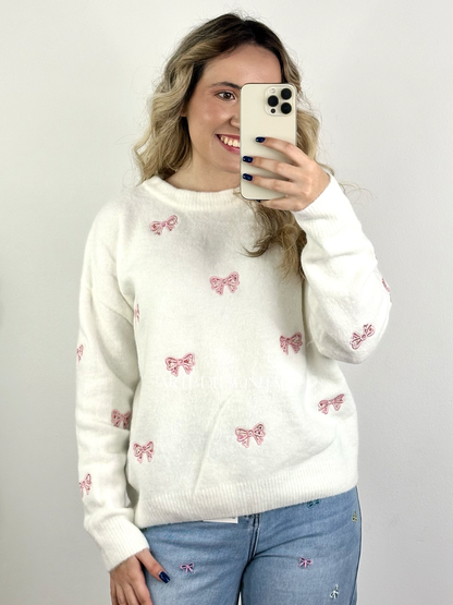 Camisola de malha branca com laços e flores