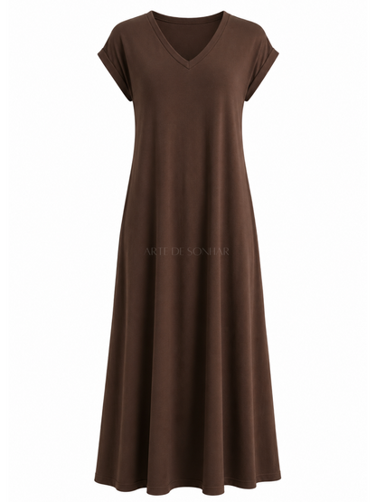 Vestido de malha fria castanho