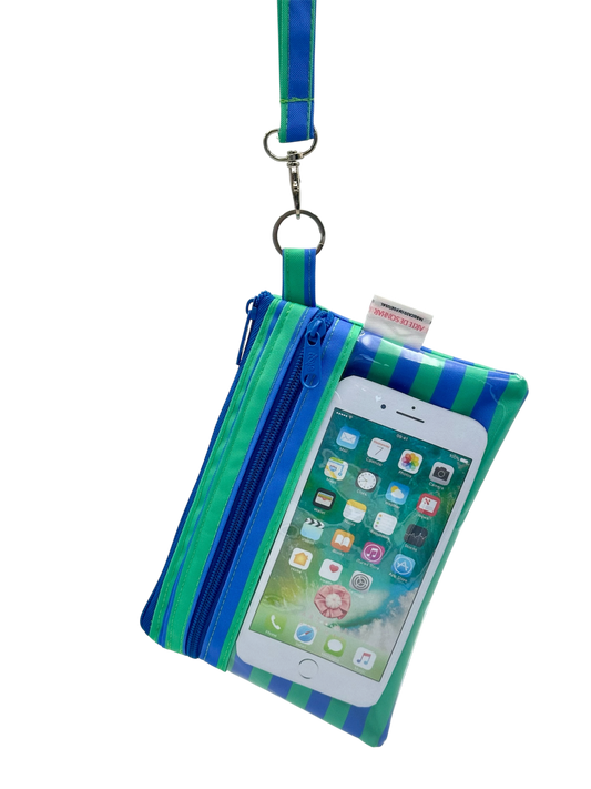 Bolsa de telemóvel de mão com riscas azul e verde tamanho M