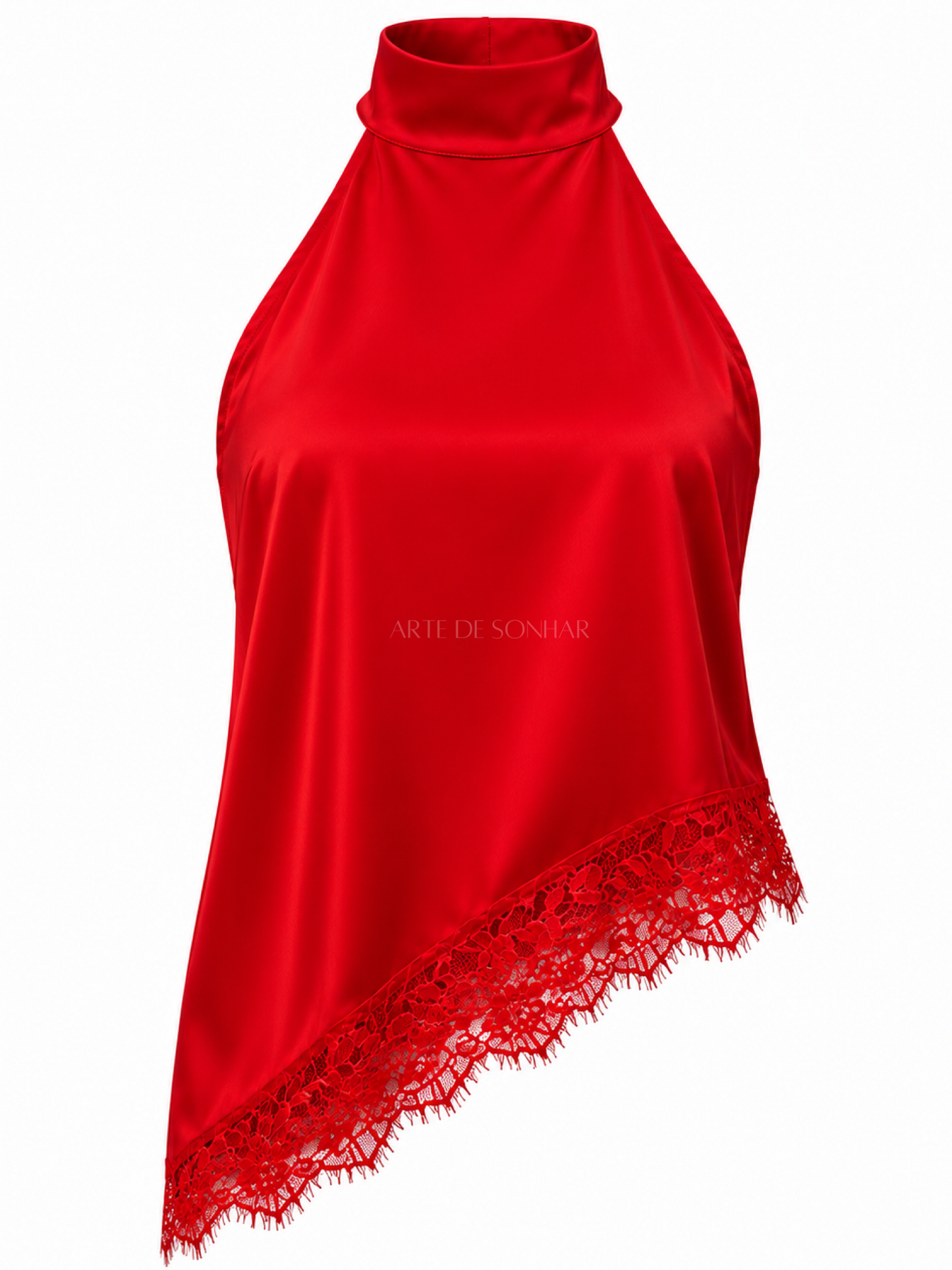 Top vermelho acetinado assimétrico com renda