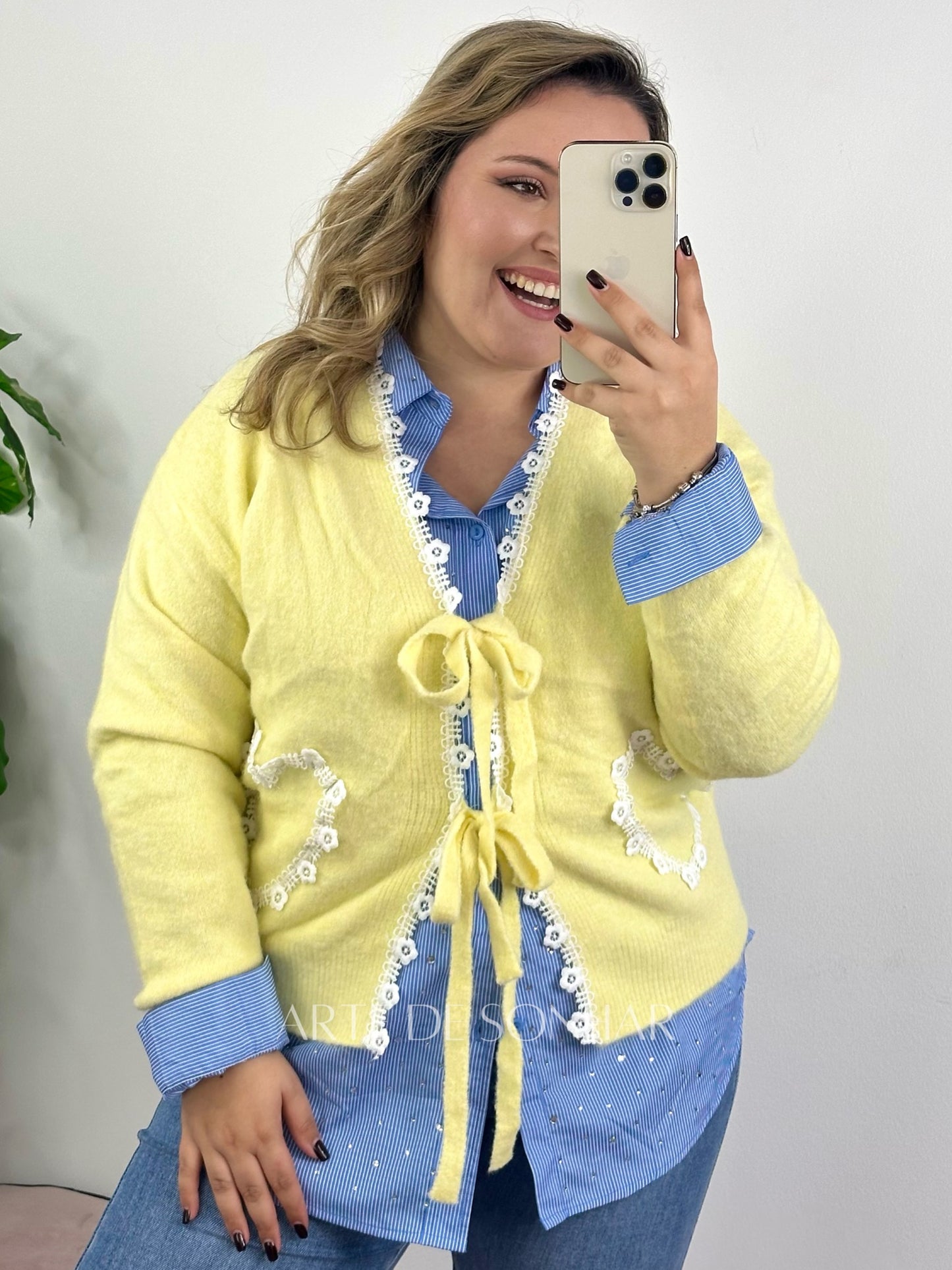 Camisa de riscas com cristais azul escura