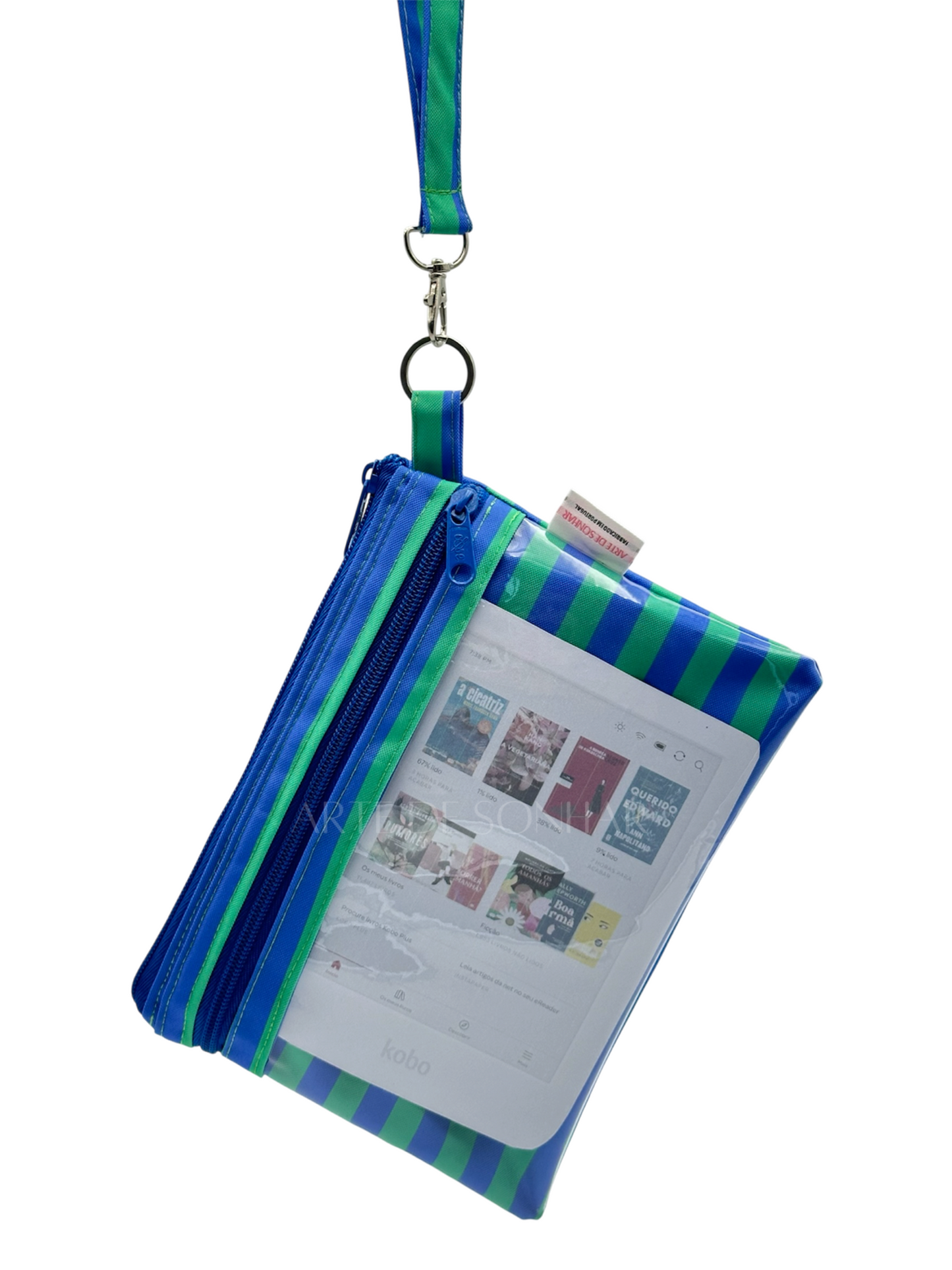 Bolsa de telemóvel/kobo de mão com riscas azul e verde tamanho L