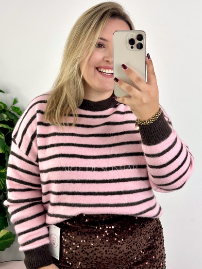 Camisola fofinha de riscas rosa e castanhas