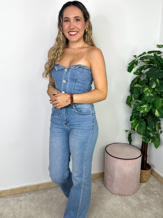 Macacão de ganga efeito cai cai e calça regular fit