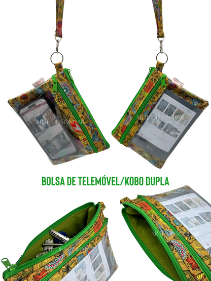 Bolsa de telemóvel/kobo de mão dupla amarela com borboletas e flores com fechos verdes tamanho L