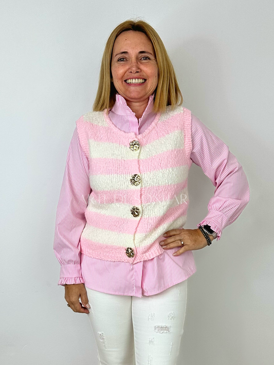 Colete de riscas rosa com botões dourados