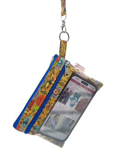 Bolsa de telemóvel de mão dupla amarela com borboletas e flores com fechos azuis tamanho M