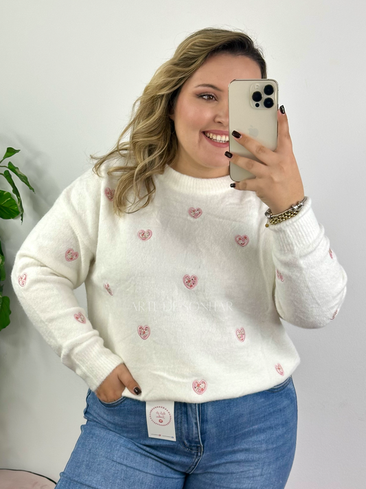 Camisola de malha branca com corações e flores