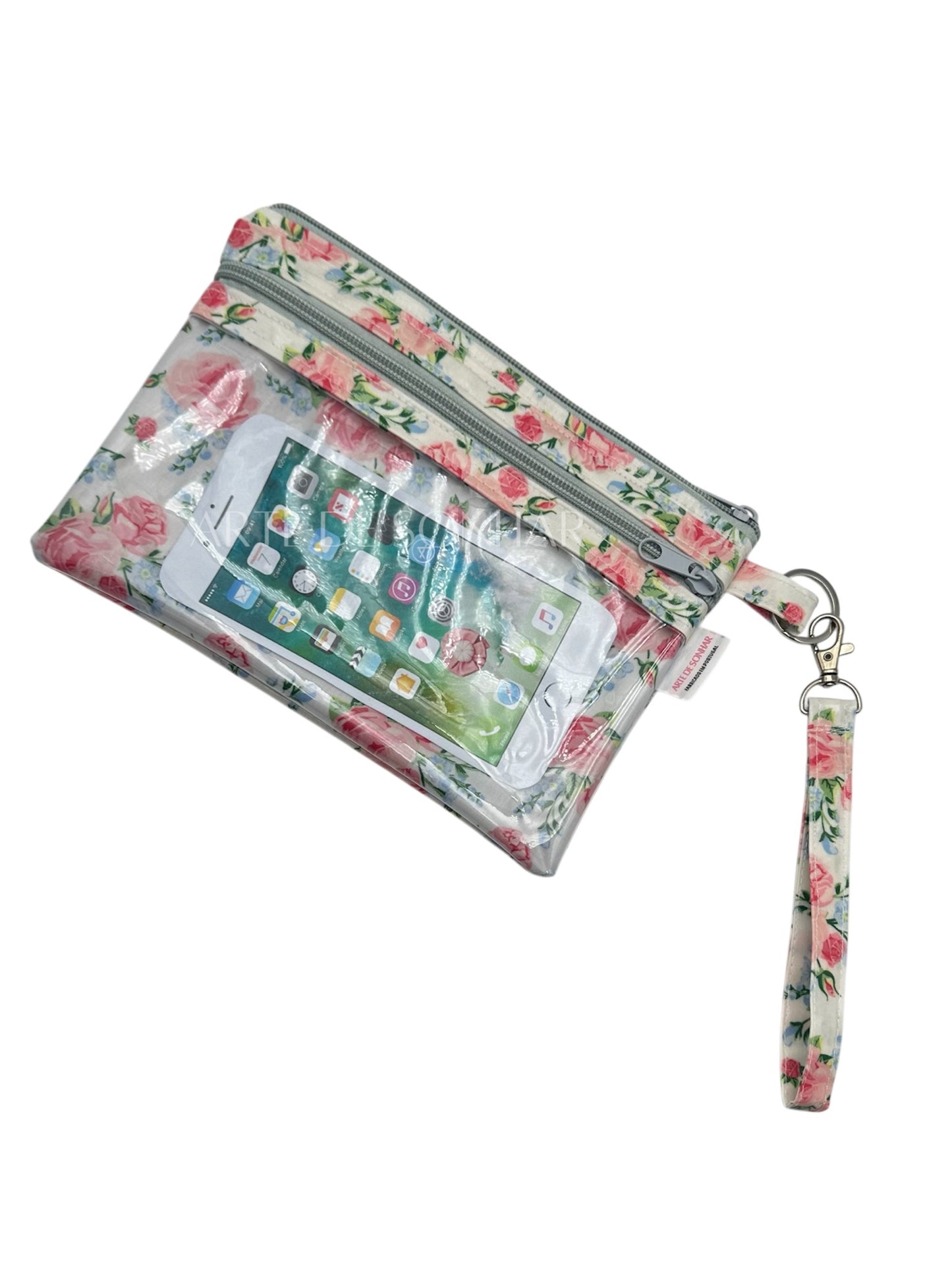 Bolsa de telemóvel/kobo de mão de flores rosa e azul tamanho L