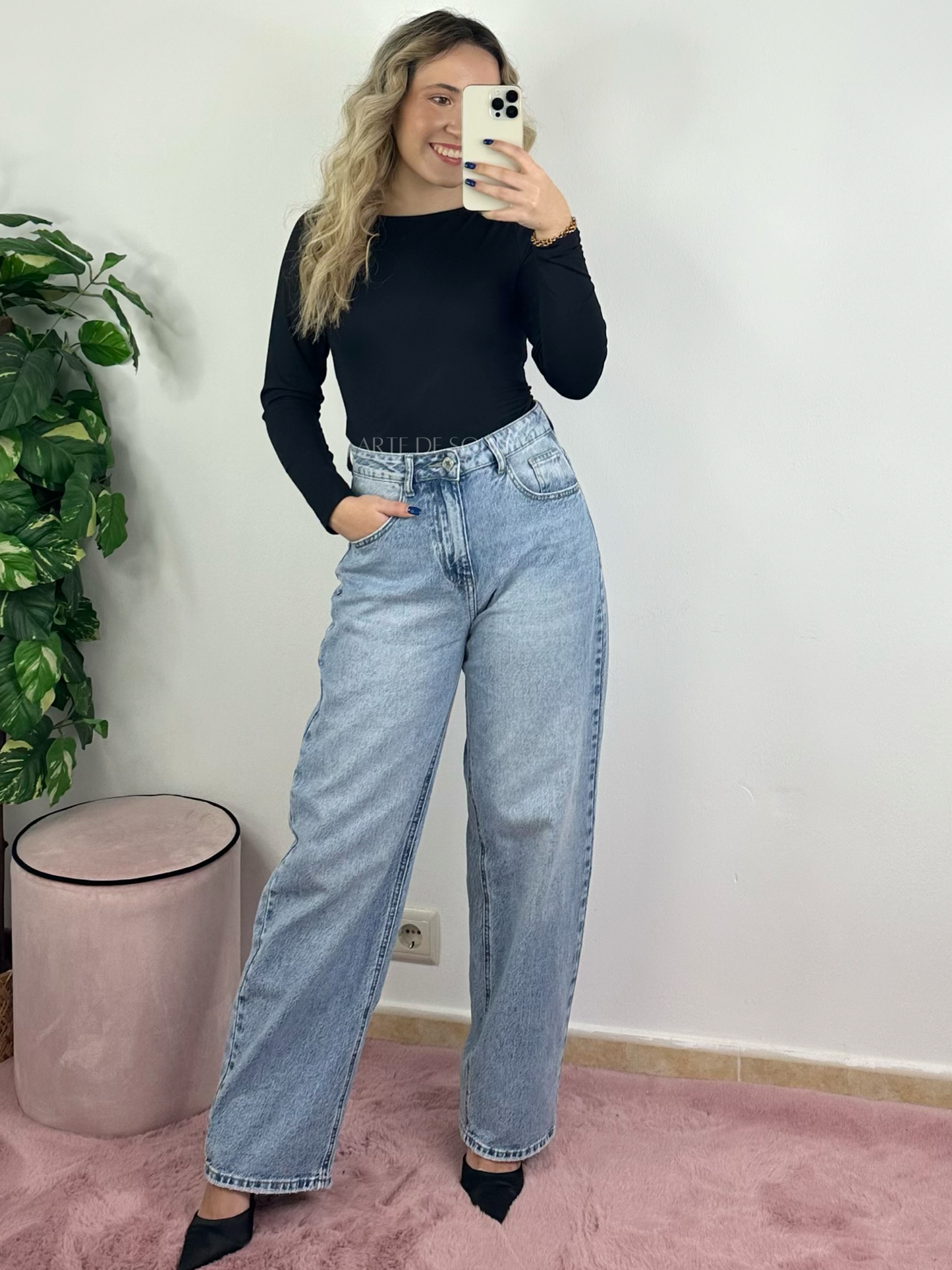 Calças balloon de ganga clara