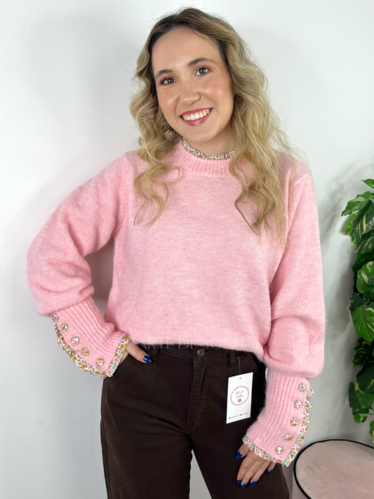 Camisola de malha rosa com florzinhas