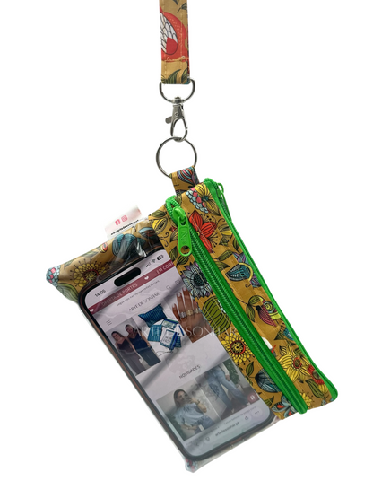 Bolsa de telemóvel de mão dupla amarela com borboletas e flores com fechos verdes tamanho M