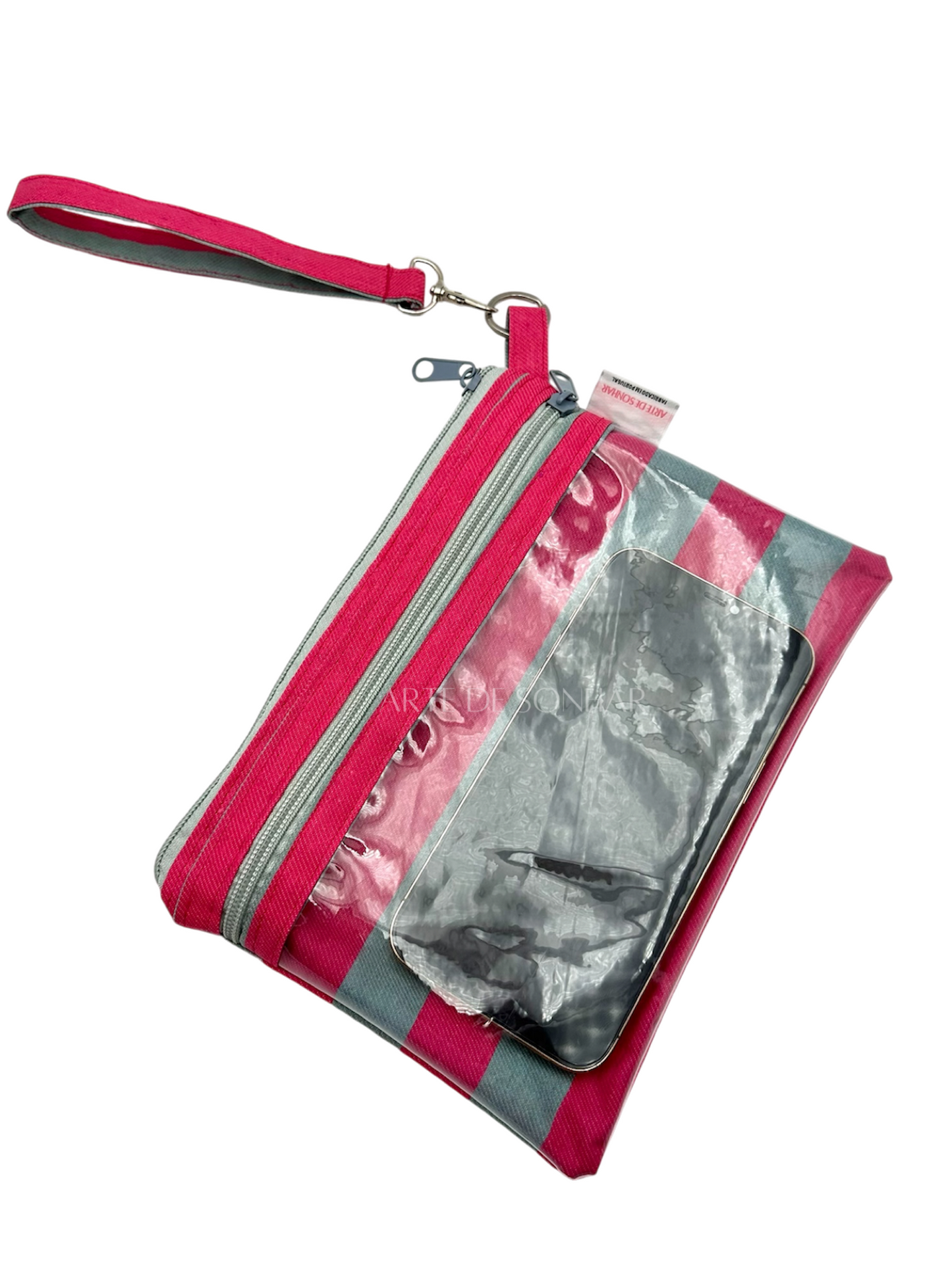 Bolsa de telemóvel/kobo de mão com riscas rosa e cinza tamanho L
