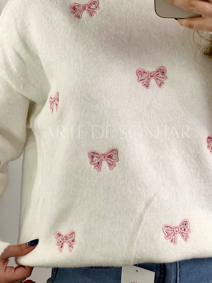 Camisola de malha branca com laços e flores