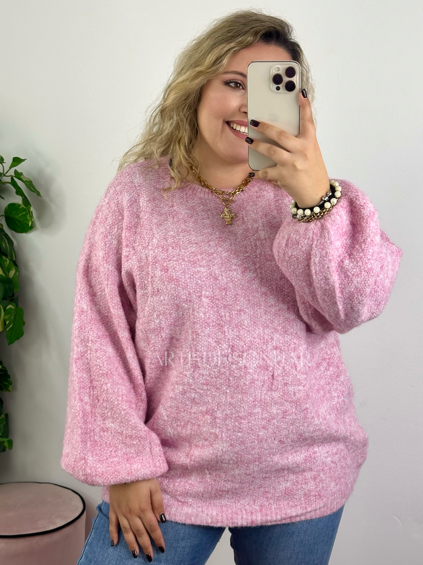 Camisola de malha rosa oversize