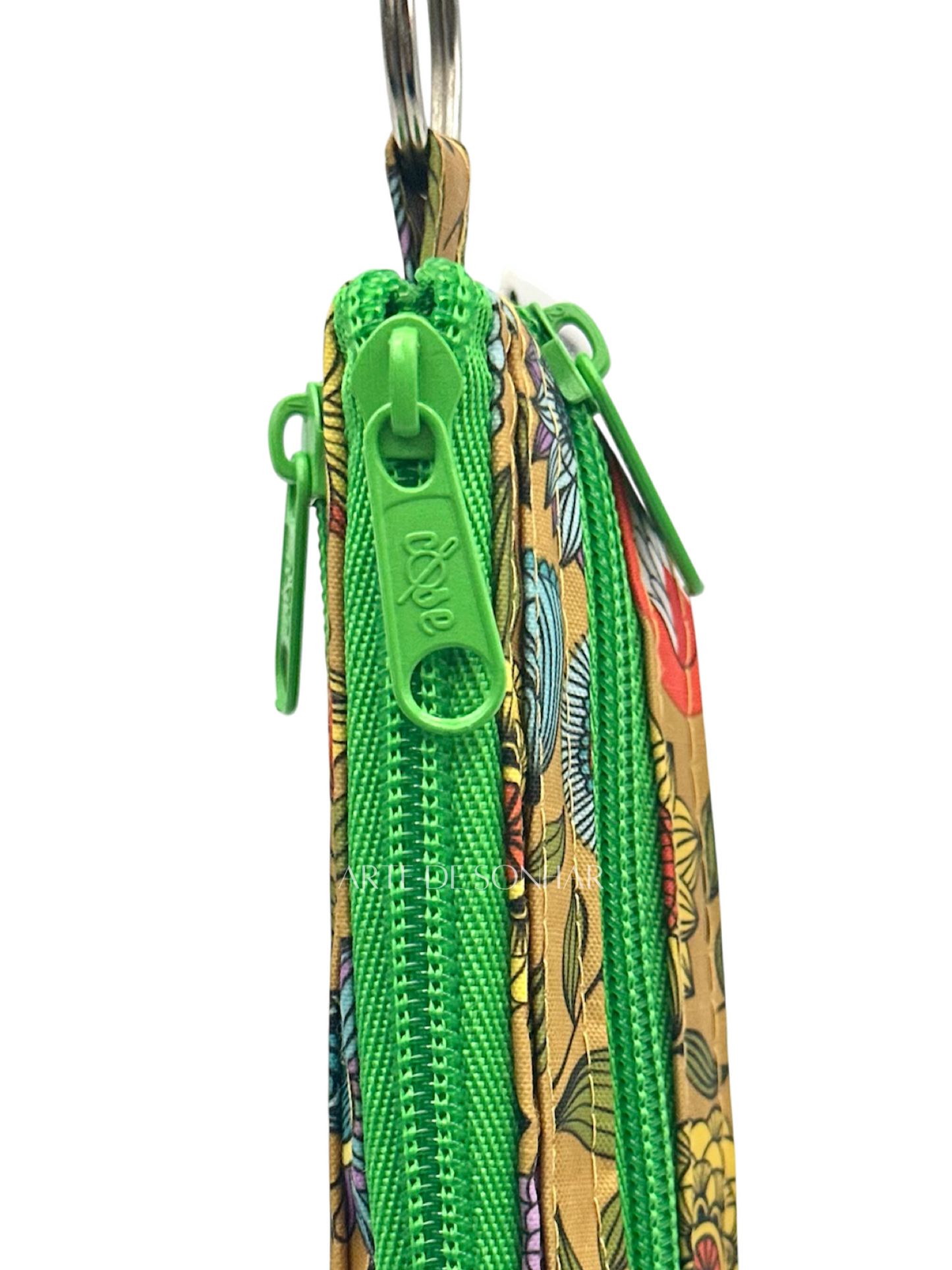 Bolsa de telemóvel de mão dupla amarela com borboletas e flores com fechos verdes tamanho M