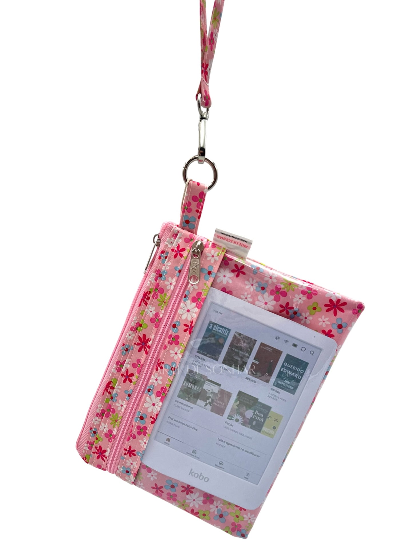 Bolsa de telemóvel/kobo de mão de flores rosa tamanho L