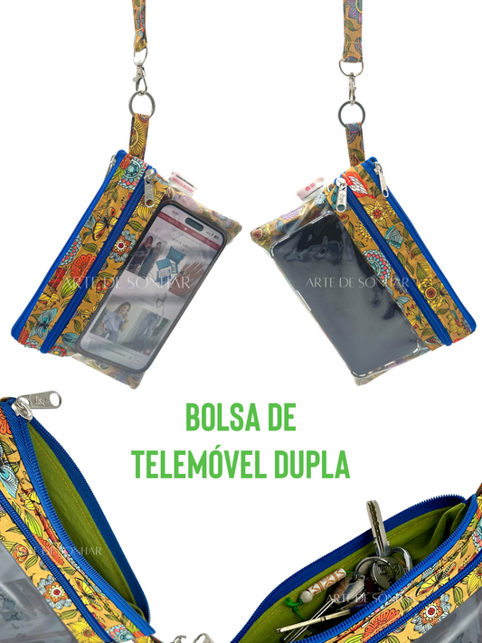Bolsa de telemóvel de mão dupla amarela com borboletas e flores com fechos azuis tamanho M