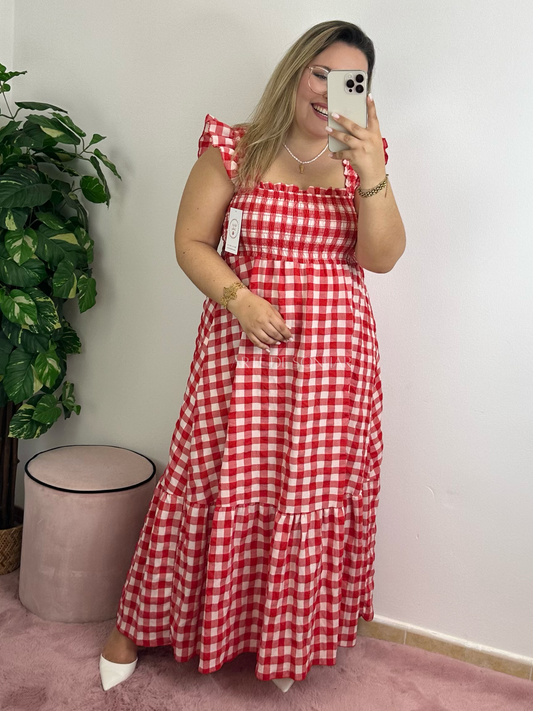 Vestido vichy vermelho com folhinhos