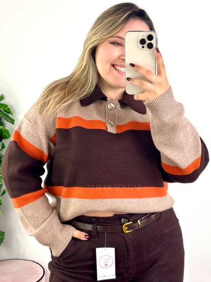 Polo taupe com castanho e laranja