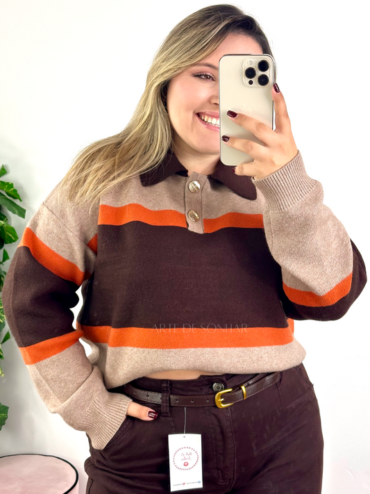 Polo taupe com castanho e laranja