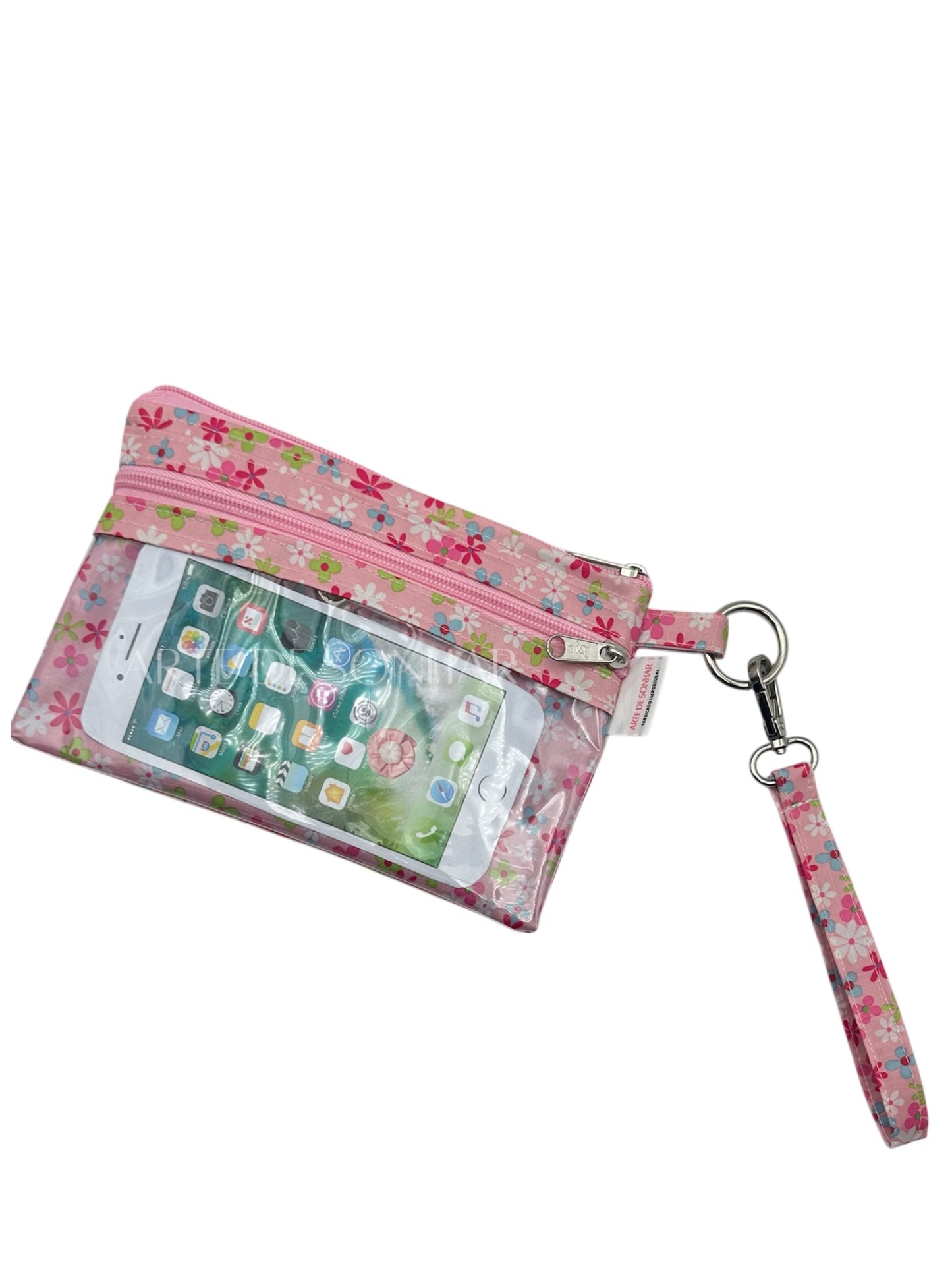 Bolsa de telemóvel de mão de flores rosa tamanho M