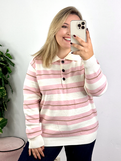 Polo de riscas bege e rosa