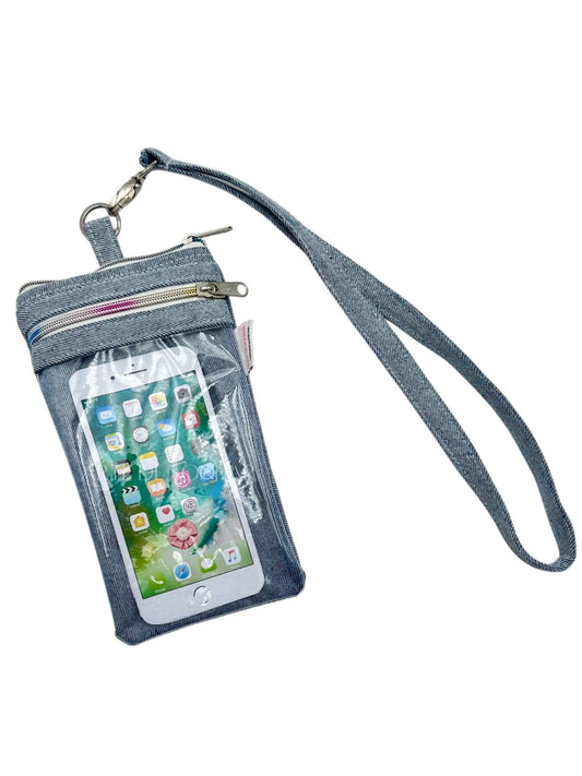 Bolsa de telemóvel de pescoço de ganga colada com fecho multicor tamanho L