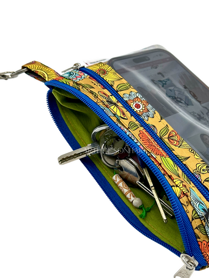 Bolsa de telemóvel de mão dupla amarela com borboletas e flores com fechos azuis tamanho M