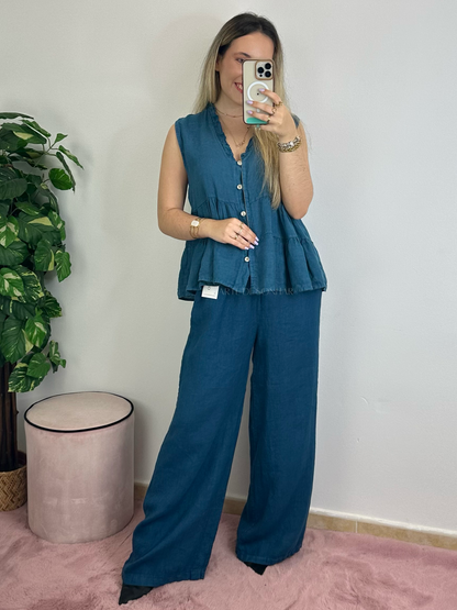 Blusa de linho petróleo com folhinhos